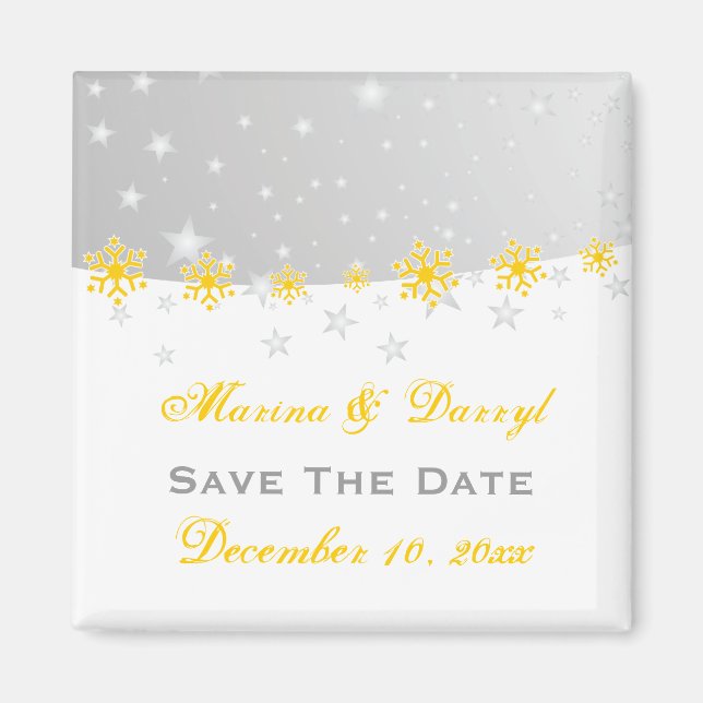 Imán Boda de copos de nieve gris amarillo plateado Save (Frente)