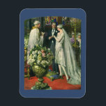 Imán Boda de cosecha, novia y novio con Menorah<br><div class="desc">Imagen de la ceremonia del amor al ilustracion vintage y boda romántico que presenta a una pareja casada en una hermosa sinagoga con vidrieras,  flores y una menorah de siete ramas. La novia lleva un vestido largo y blanco boda y el novio es guapo en su esmoquin.</div>