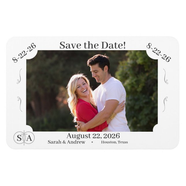 Imán Boda de Cruz Monogramada y Anillos Guardar La Fech (Horizontal)