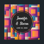 Imán Boda de cuadros y formas abstractos coloridos<br><div class="desc">Imán de eventos con un colorido fondo abstracto. Colores audaces y emocionantes: rosa,  azul,  naranja y más.</div>