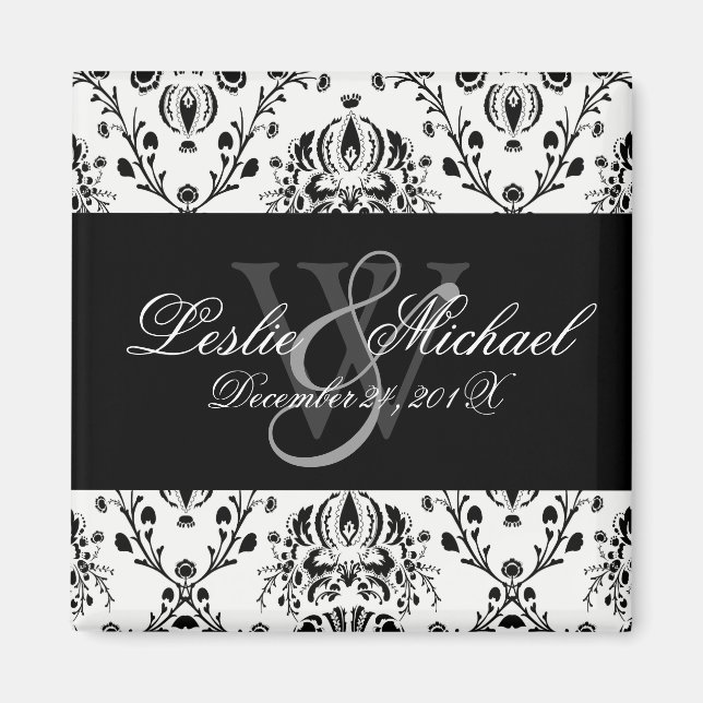 Imán Boda de Damasco con Monograma Negro + Blanco, iman (Frente)