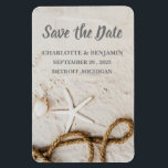 Imán Boda de destino tropical de playa Guardar la fecha<br><div class="desc">Beach Tropical Destination Wedding Save the Date Magnet es un diseño único y perfecto para tus huéspedes con temática boda como playa, Destino, Verano, Hawái o tropical. Incluye playa, olas de mar, arena, Starfish y plantilla para texto y fotografía. Haga clic en el botón de personalización para personalizar con su...</div>