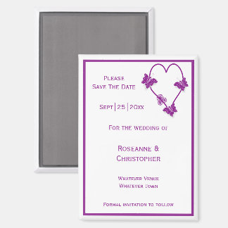 Imán Boda de diseño cardíaco de mariposas moradas