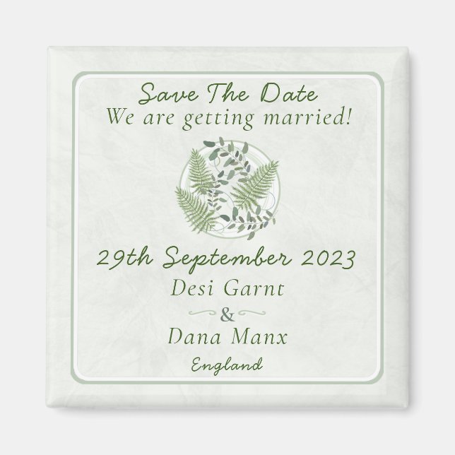 Imán Boda de Eucalyptus & Fern Rings Save The Date (Frente)