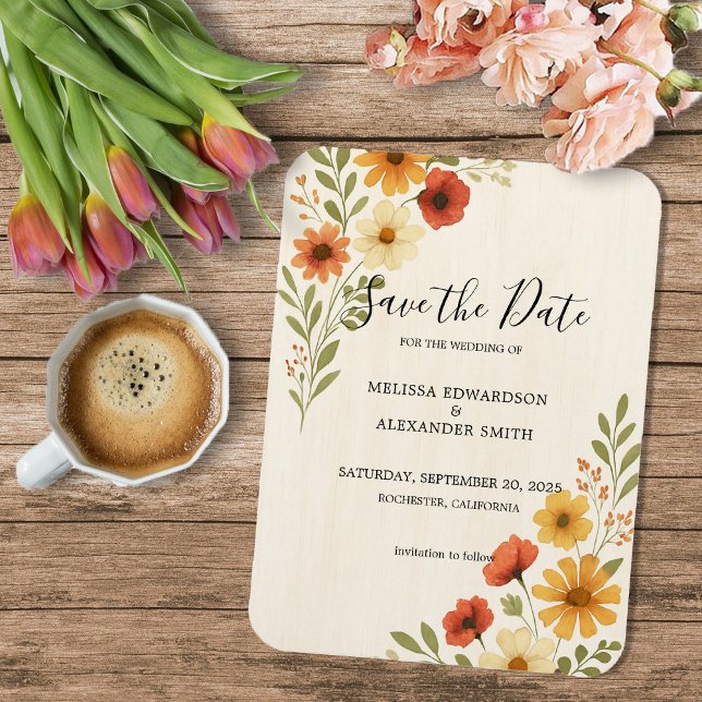 Imán Boda de flores rusticas acuarelas Ahorra la fecha (Rustic Watercolor flowers boho wedding Save the date flexible magnetic card.)