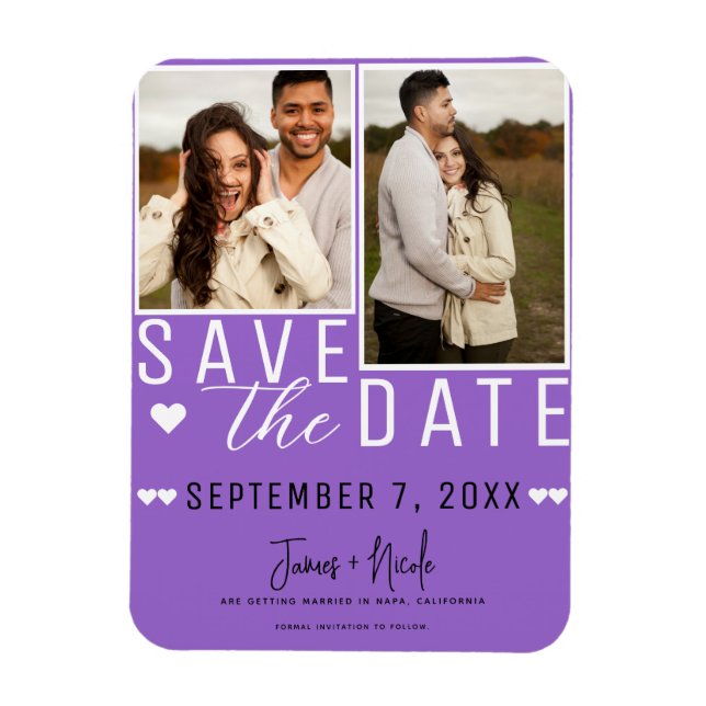 Imán Boda de Foto 2 Save the Date Morado Moderno (Vertical)