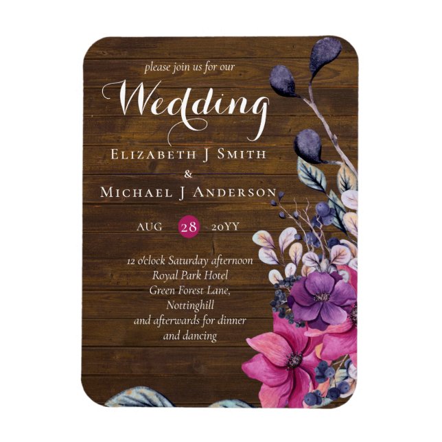 Imán Boda de Fuchsia Floral Woodland (Vertical)