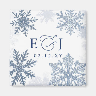 Imán Boda de Invierno Copos de Nieve Azules Plata Monog