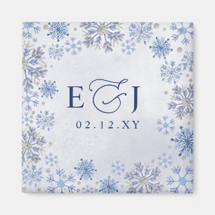 Imán Boda de Invierno de Copos de Nieve Azules Plateado
