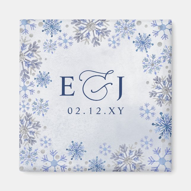 Imán Boda de Invierno de Copos de Nieve Azules Plateado (Frente)
