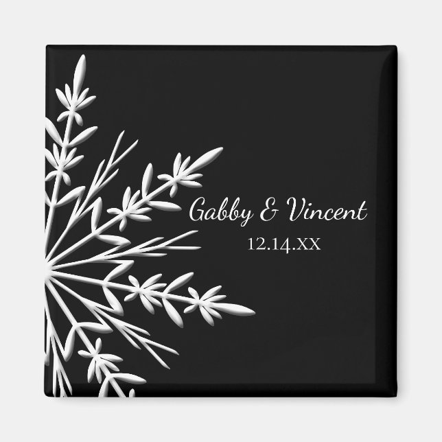 Imán Boda de invierno de copos de nieve negros y blanco (Frente)