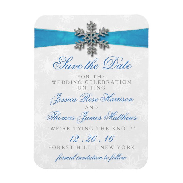 Imán Boda de Invierno Diamante Snowflake & Blue Ribbon (Vertical)