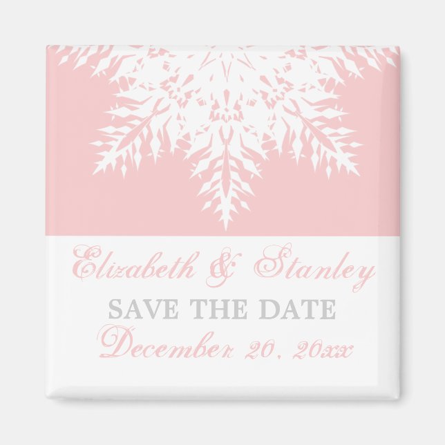 Imán Boda de invierno rosa copo de nieve Save the Date (Frente)