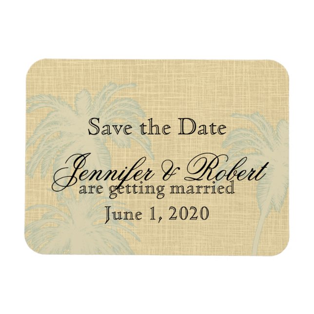 Imán Boda de palmeras azules de lino crema salva la fec (Horizontal)