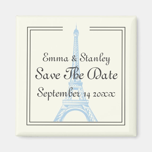 Imán Boda de París Torre Eiffel azul Guardar la fecha (Frente)