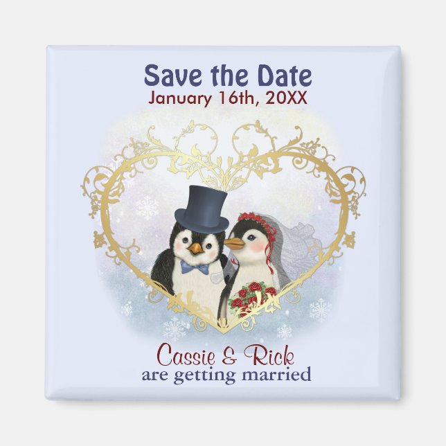 Imán Boda de pingüino salva la fecha (Frente)