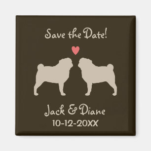 Imán Boda de Pugs - Salvar la Fecha - Beige sobre Marró