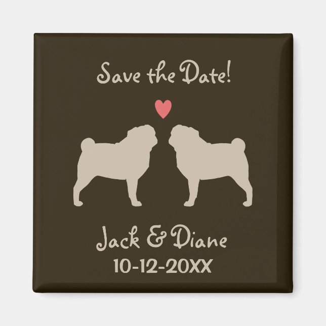 Imán Boda de Pugs - Salvar la Fecha - Beige sobre Marró (Frente)