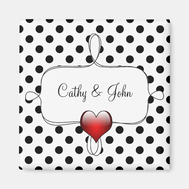 Imán Boda de puntos de polka blanco y negro (Frente)