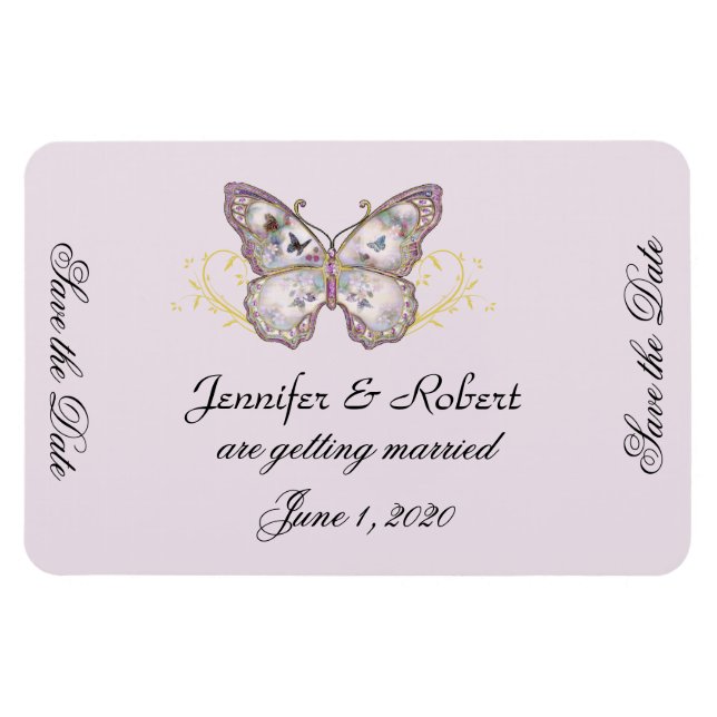 Imán Boda de purpurina mariposa de lavanda Salva la fec (Horizontal)