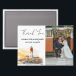 Imán Boda de temas náuticos de Lighthouse<br><div class="desc">Presentación del Boda de temas náuticos de Lighthouse Gracias Magnet, un conservador encantador y personalizado que capta la esencia de su boda costero, costero o de inspiración náutica. Este hermoso imán cuenta con una plantilla de fotos boda enmarcada por una obra de arte acuarela y una elegante tipografía de Gracias,...</div>