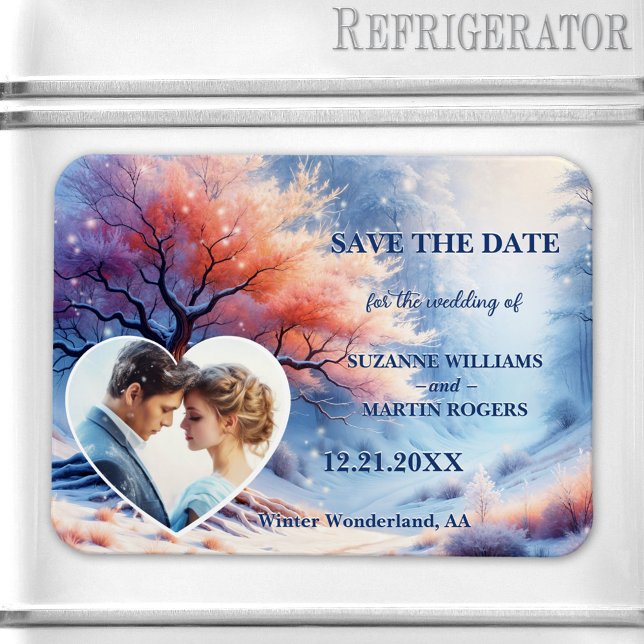 Imán Boda de Winter Wonderland Foto Guardar fecha (Save the Date magnet featuring a painting of a tree with tiny snow flakes and custom heart photo)