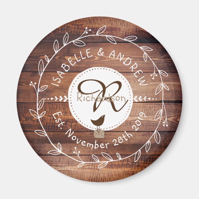 Imán Boda de Woodland Monograma Leaf Wreath Bird (Frente)