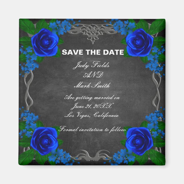 Imán Boda del Royal Blue Rosa Chalk Board Save The Date (Frente)