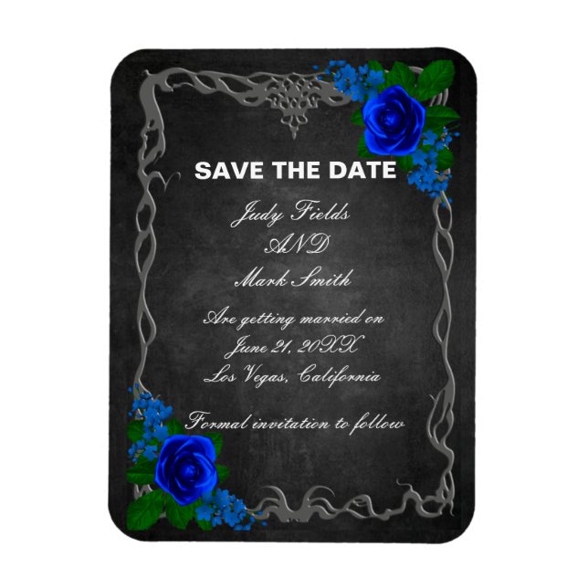 Imán Boda del Royal Blue Rosa Chalk Board Save The Date (Vertical)