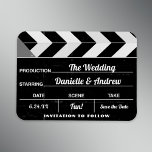 Imán Boda del tablero de películas blancas negras Guard<br><div class="desc">Una divertida y única boda en blanco y negro salva el diseño del imán de fechas muestra los detalles importantes en la pizarra de películas y la pizarra de un director de Hollywood. Personaliza con el nombre de las "estrellas" y los detalles de tu gran "estreno" como marido y mujer....</div>