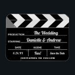 Imán Boda del tablero de películas blancas negras Guard<br><div class="desc">Una divertida y única boda en blanco y negro salva el diseño del imán de fechas muestra los detalles importantes en la pizarra de películas y la pizarra de un director de Hollywood. Personaliza con el nombre de las "estrellas" y los detalles de tu gran "estreno" como marido y mujer....</div>