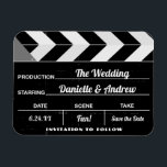 Imán Boda del tablero de películas blancas negras Guard<br><div class="desc">Una divertida y única boda en blanco y negro salva el diseño del imán de fechas muestra los detalles importantes en la pizarra de películas y la pizarra de un director de Hollywood. Personaliza con el nombre de las "estrellas" y los detalles de tu gran "estreno" como marido y mujer....</div>