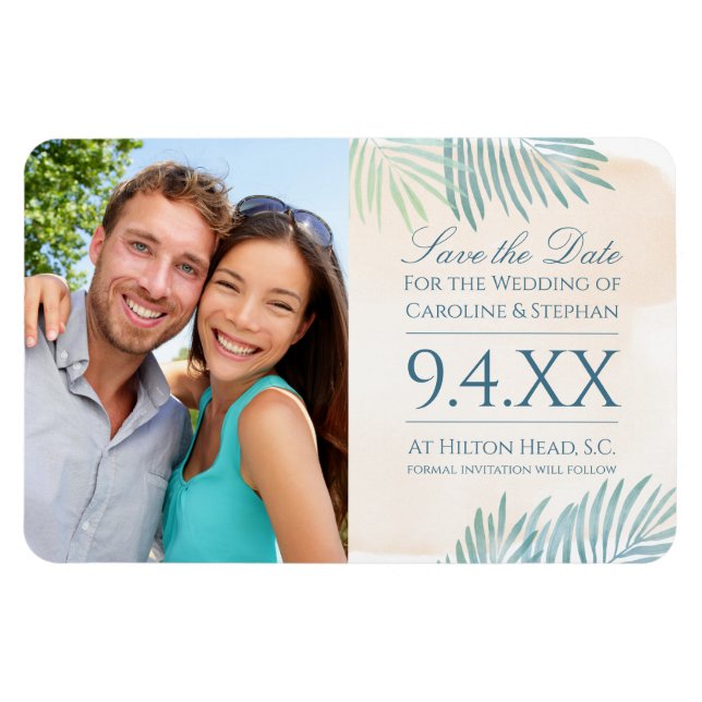 Imán Boda en la playa de arena y palmeras (Horizontal)