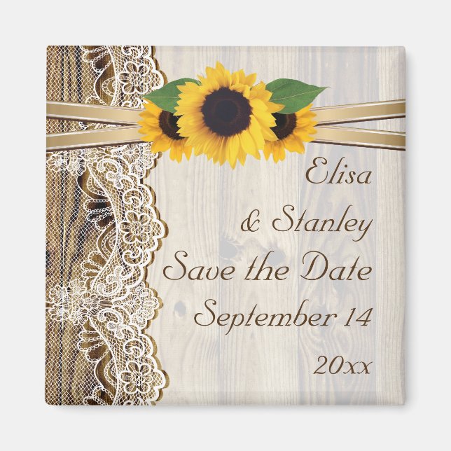 Imán Boda en madera de encaje y girasoles Salven la fec (Frente)