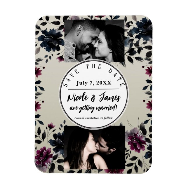 Imán Boda floral azul medianoche Borgoña tinta almendra (Vertical)