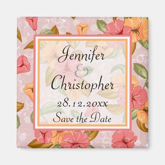 Imán Boda floral de Primavera Rosa Salva la fecha (Frente)