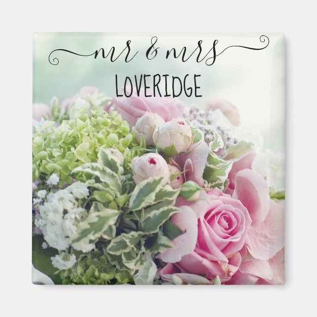 Imán Boda floral de rosa rosa romántica Sr. y Sra. (Frente)