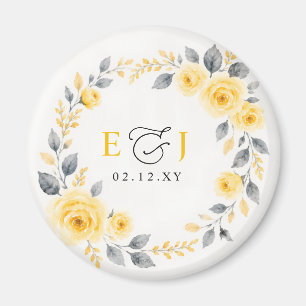 Imán Boda floral elegante acuarela gris amarillo
