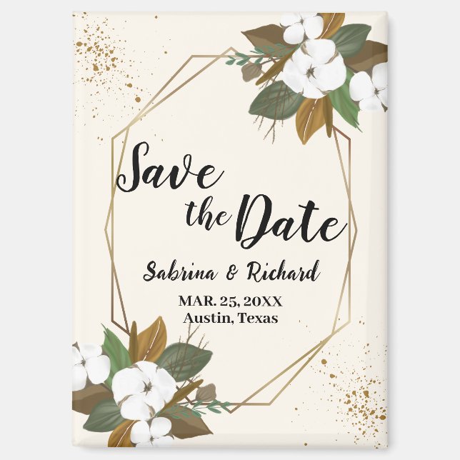 Imán Boda Floral Marrón Y Crema Salva La Fecha (Anverso)