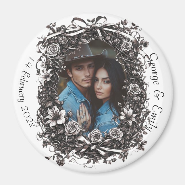 Imán Boda floral rústica, sepia. (Frente)