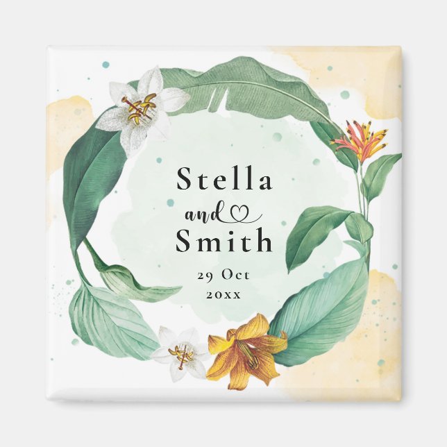 Imán Boda floral tropical colorido (Frente)