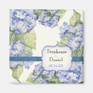 Imán Boda formal floral con soporte de hidrangea azul