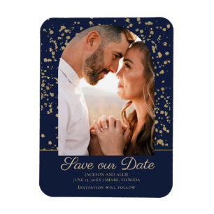 Imán Boda Foto Arco Domo Brillo Dorado Azul Marina
