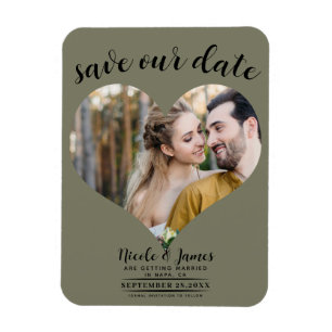 Imán Boda fotográfica Olive Green Heart Save the Date