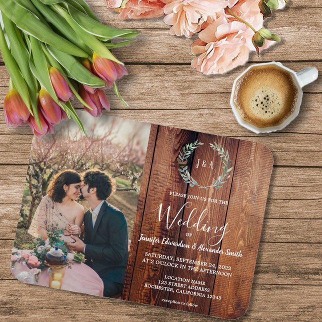 Imán Boda fotográfico con monograma de hojas rusas (Rustic wood, watercolor leaves, monogrammed photo wedding magnetic invitation,)