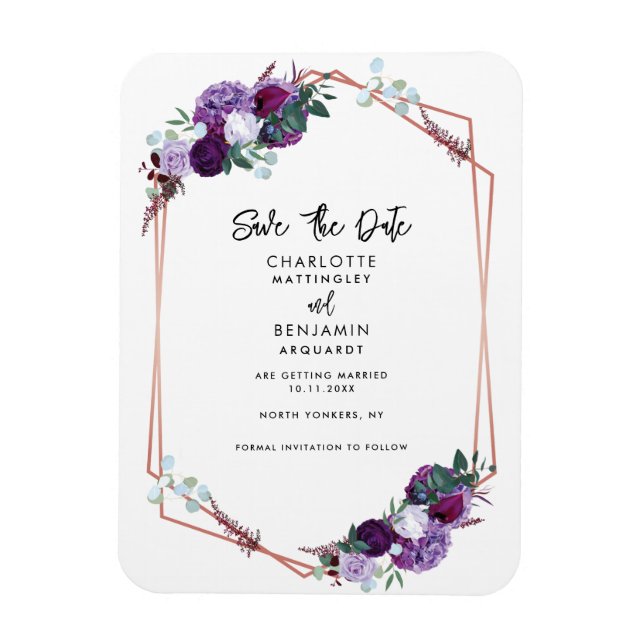 Imán Boda geométrica morada floral salva la fecha (Vertical)