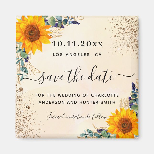 Imán Boda girasol eucalipto purpurina guardar la fecha (Frente)