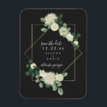 Imán Boda Gris Botánica Floral Blanca Salva La Fecha<br><div class="desc">Una elegante boda salva la fecha con un ilustracion de color agua de vegetación y flores blancas con un marco geométrico sobre un fondo gris oscuro y texto blanco.</div>