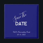 Imán Boda Minimalista azul y blanca salva la fecha<br><div class="desc">.: Boda Minimalista guardar-la-fecha con un hermoso fondo azul índigo y un contraste de fuente blanca .: personalizable completo- cambiar el texto,  fuente,  tamaño del tipo de letra y color del tipo de letra. .: Artículos de coordinación disponibles .: Diseño disponible también en otros colores.</div>