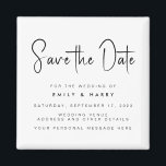 Imán Boda Minimalista moderna salva la fecha<br><div class="desc">Un simple moderno salva el imán de la fecha. Personalice este minimalista diseño en blanco y negro para que tenga sus datos personales y su mensaje. Presenta tipografía de caligrafía de script y fondo de imagen purpurina falso.</div>